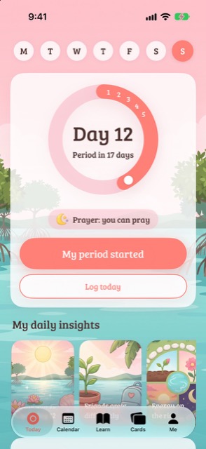 Warda's Today screen: day 12 of the cycle, the next period in 17 days, and one-tap period buttons